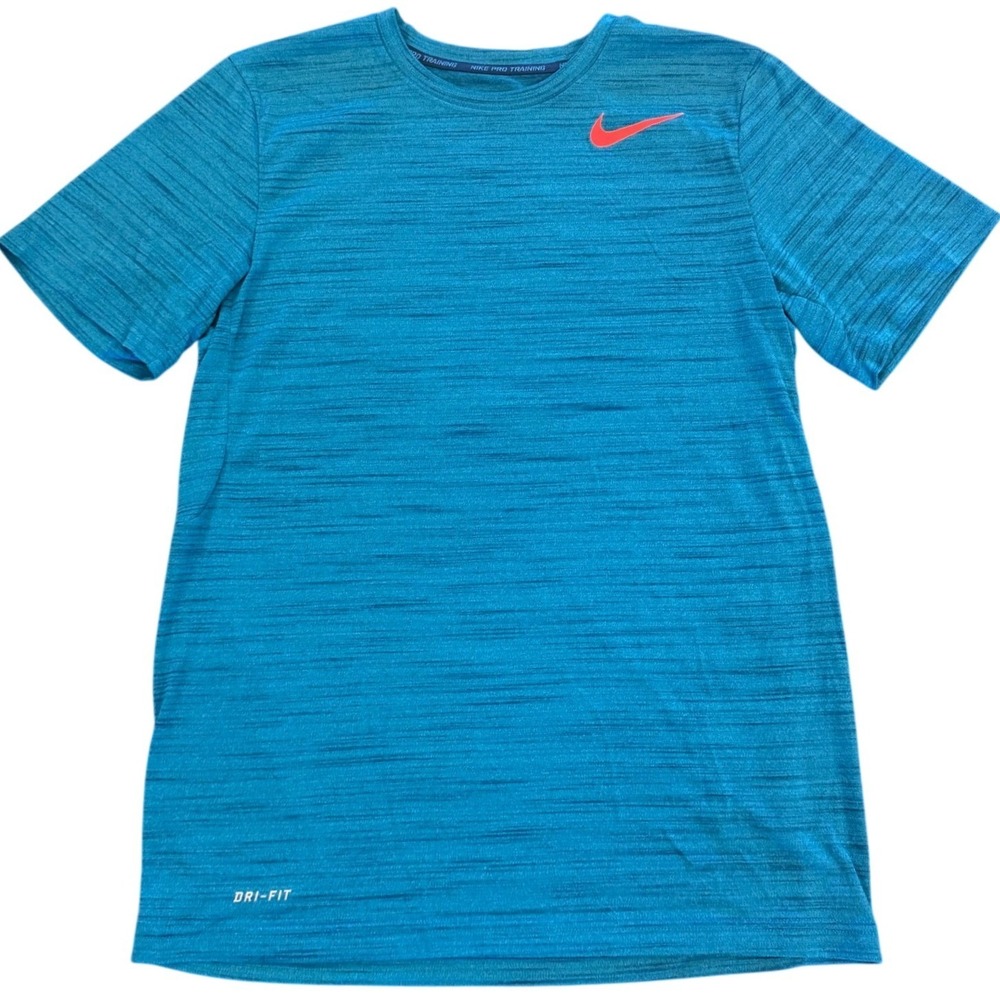Nike Pro Training Dri-FIT Blue Heathered Short Sleeve Shirt Orange Swoosh Mens M